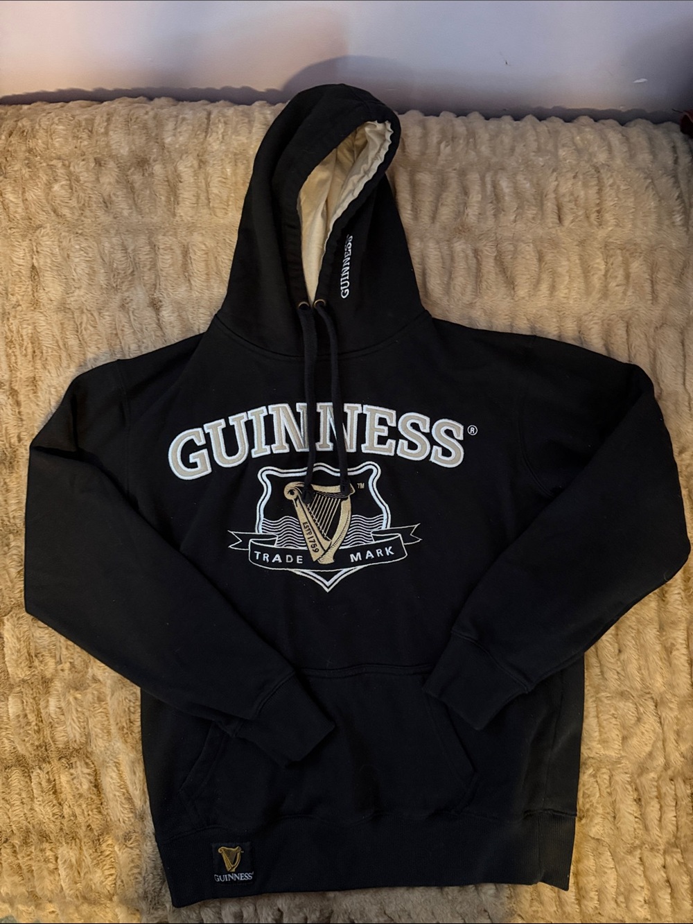 Guinness Black Pullover Hoodie with Cream Lined Hood